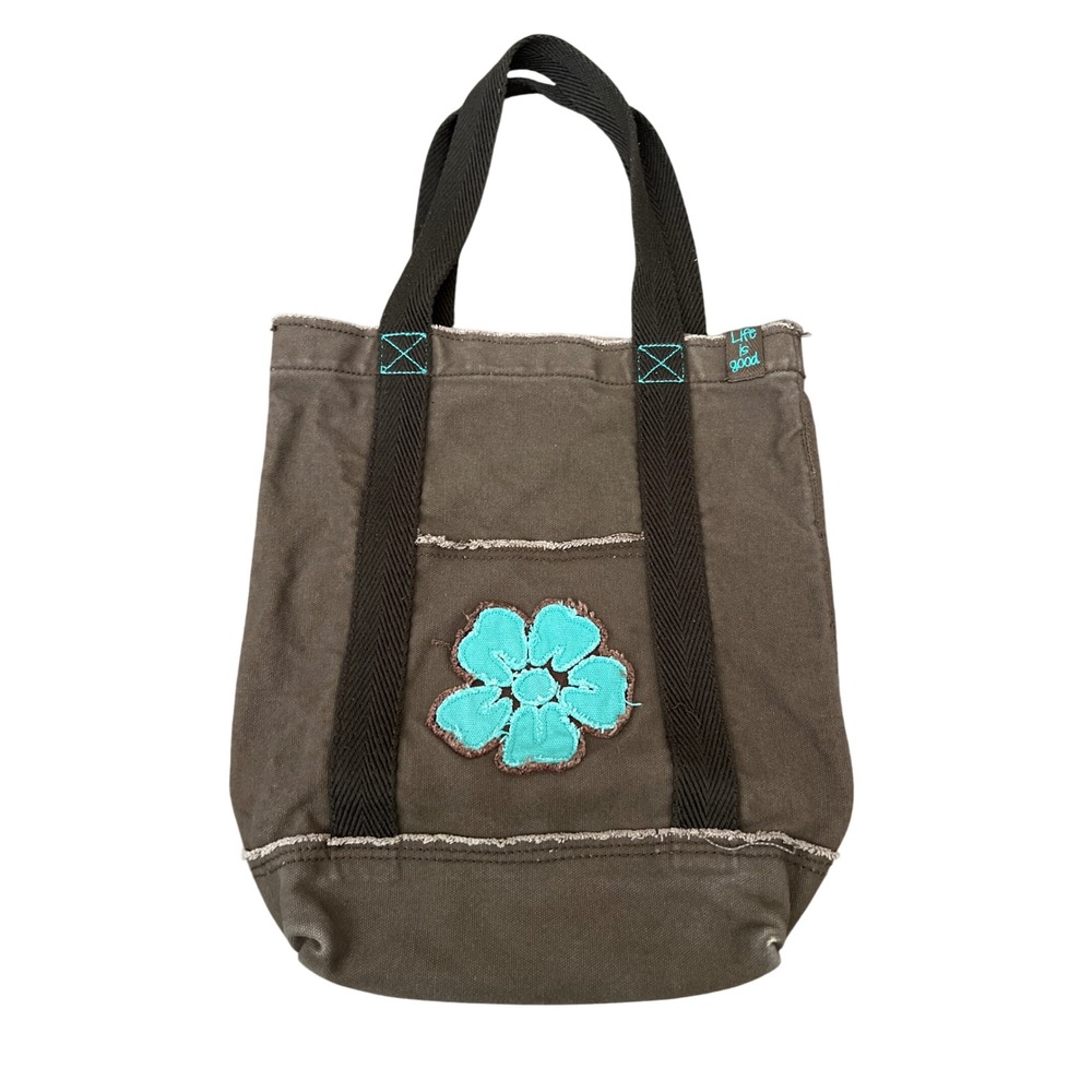 Life is Good Brown Canvas Tote Bag Turquoise Flower Applique Raw Edge Cotton